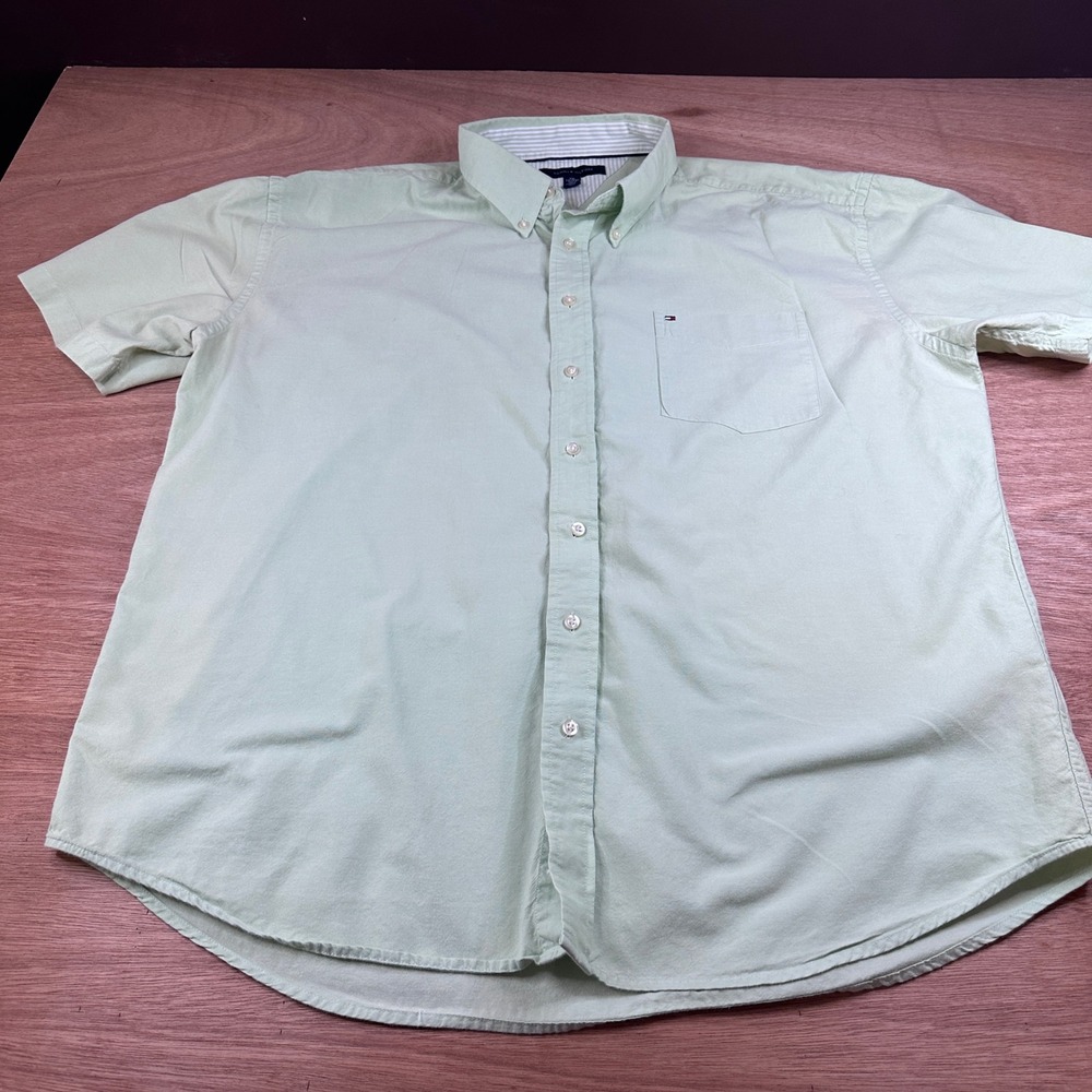 Tommy Hilfiger Mens XXL Light Green Button Up Shirt Short Sleeve Cotton